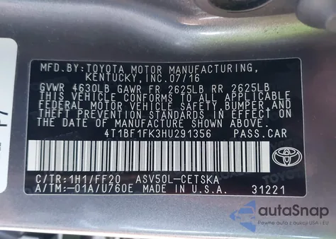 2017 Toyota Camry Se z USA, uszkodzony, nr VIN 4T1BF1FK3HU291356